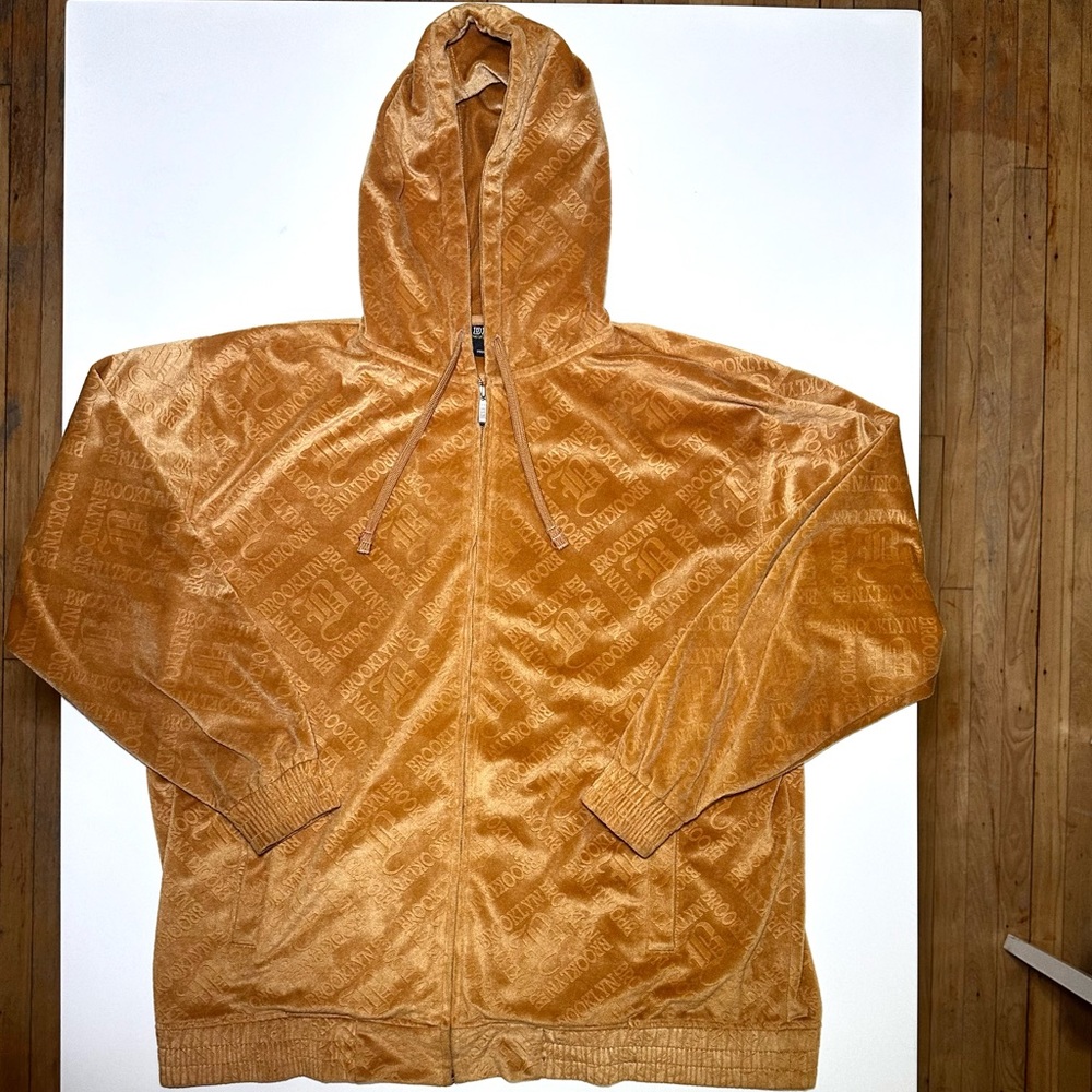 Men’s Delf vintage Y2K velour velvet zip up hoodie w “Brooklyn” all over print